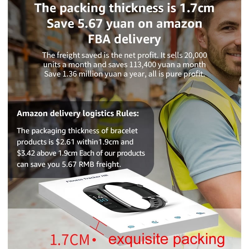 Person in a warehouse setting with text about Amazon FBA delivery and packaging thickness.