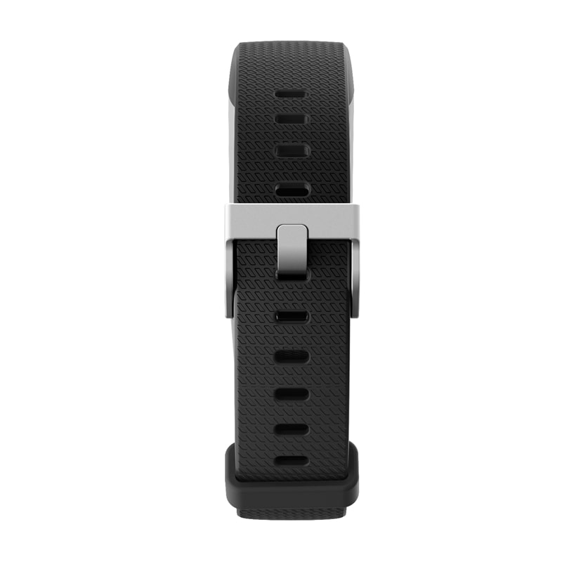 Black fitness tracker band with metal clasp on a white background