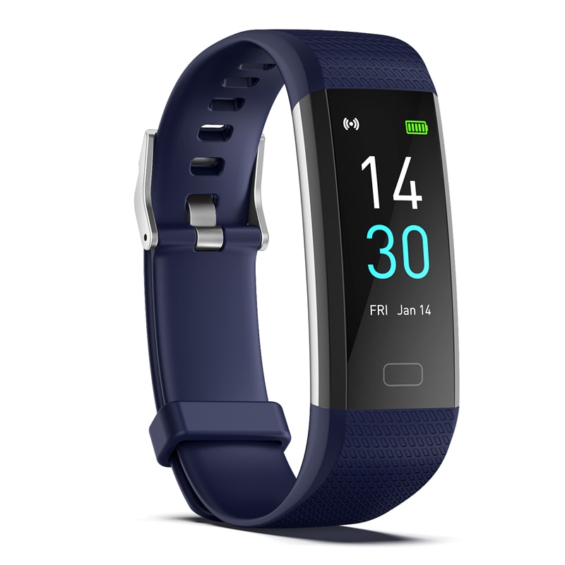 Navy blue fitness tracker on a white background