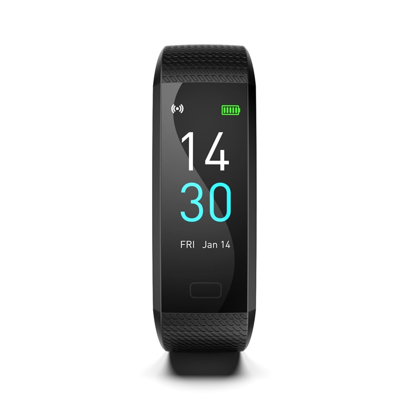 Black fitness tracker on a white background