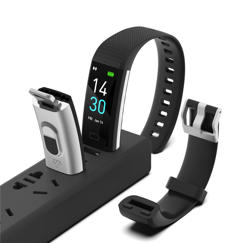 Fitness tracker with charging dock and additional band on a white background