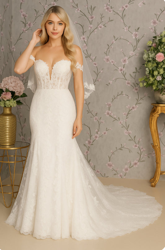 Glitter Off Shoulder Sheer Bodice Mesh Mermaid Wedding Gown