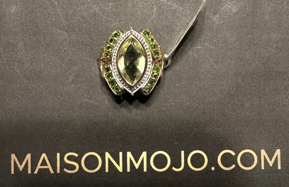 Chrome Diopside & Topaz Designer Ring - White Gold Rhodium over .925 Sterling Silver Size 6