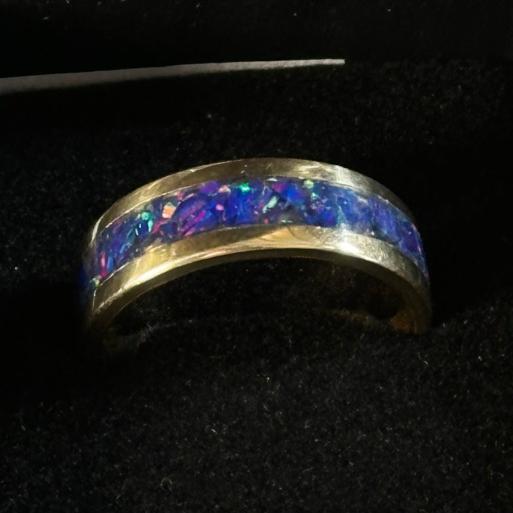 The "Masterwork" 5.8g Solid 14K Gold & Blue Opal Band (Size 11)
