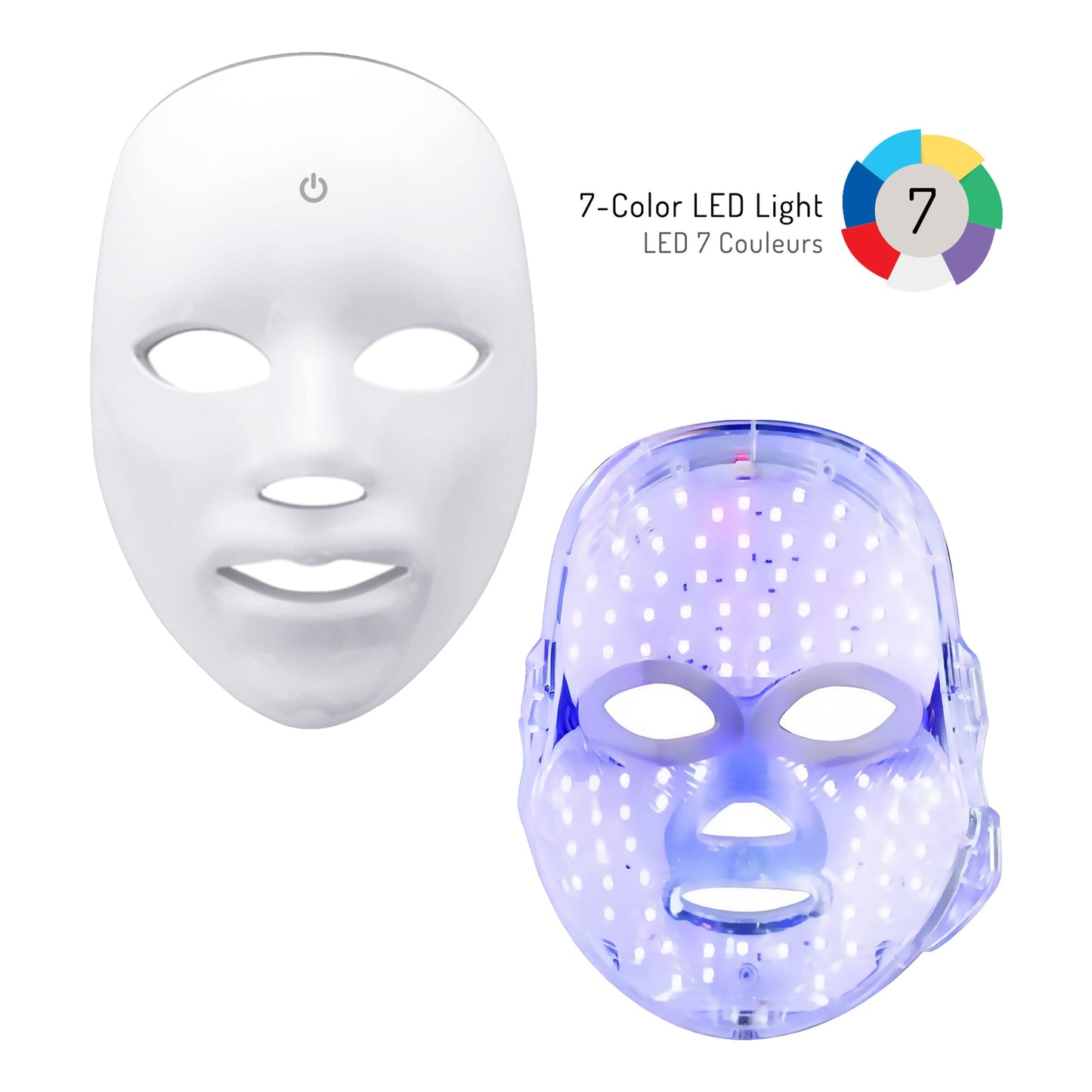 Comparison view of the white and blue LED light therapy masks showing the front exterior and the comfortable interior lining.