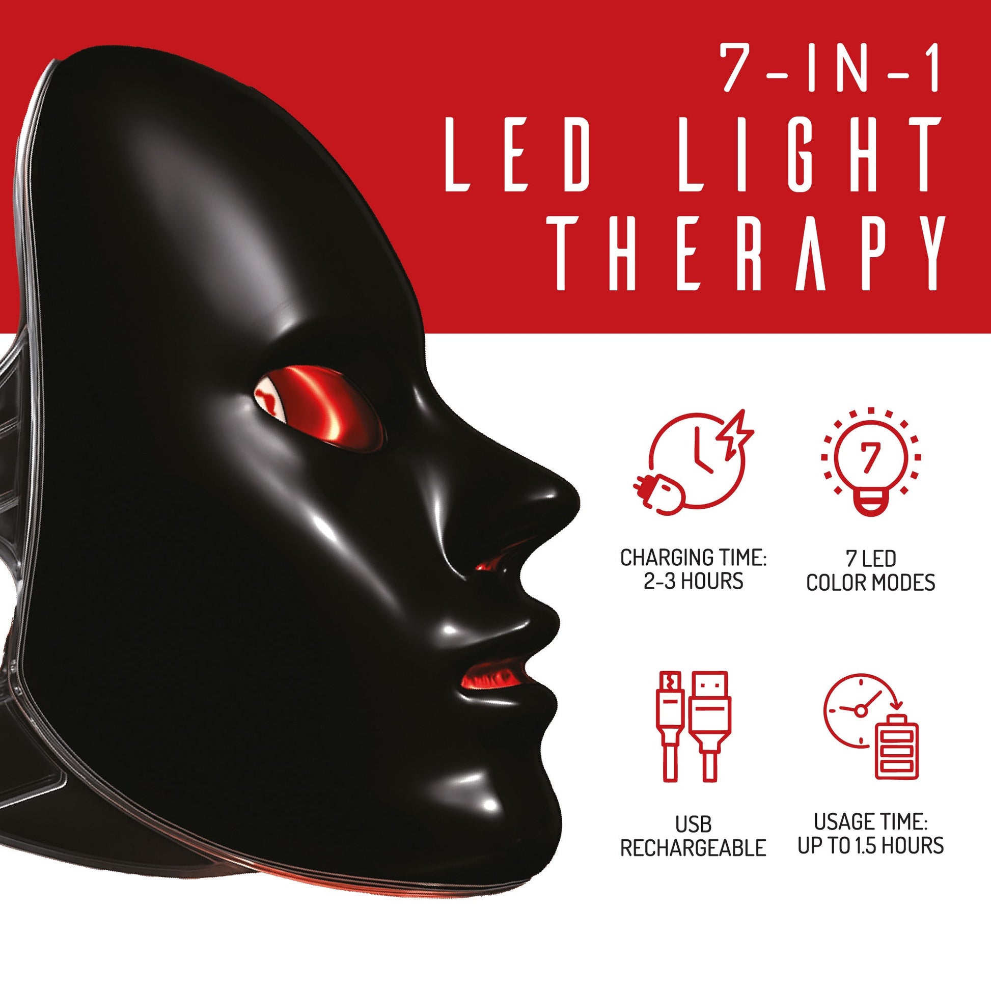 Black 7-in-1 LED light therapy mask activated with the red collagen-boosting light mode.