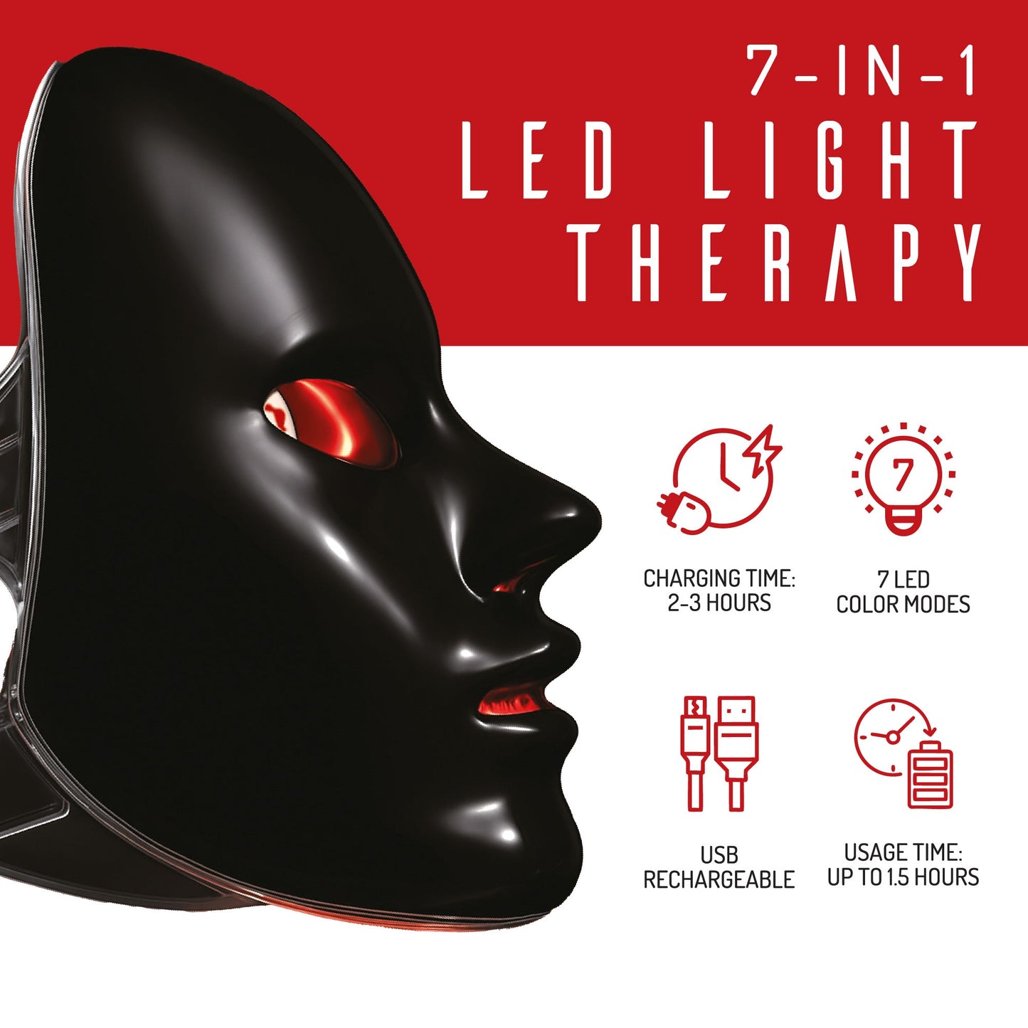 Black LED light therapy mask with red lights on a red and white background