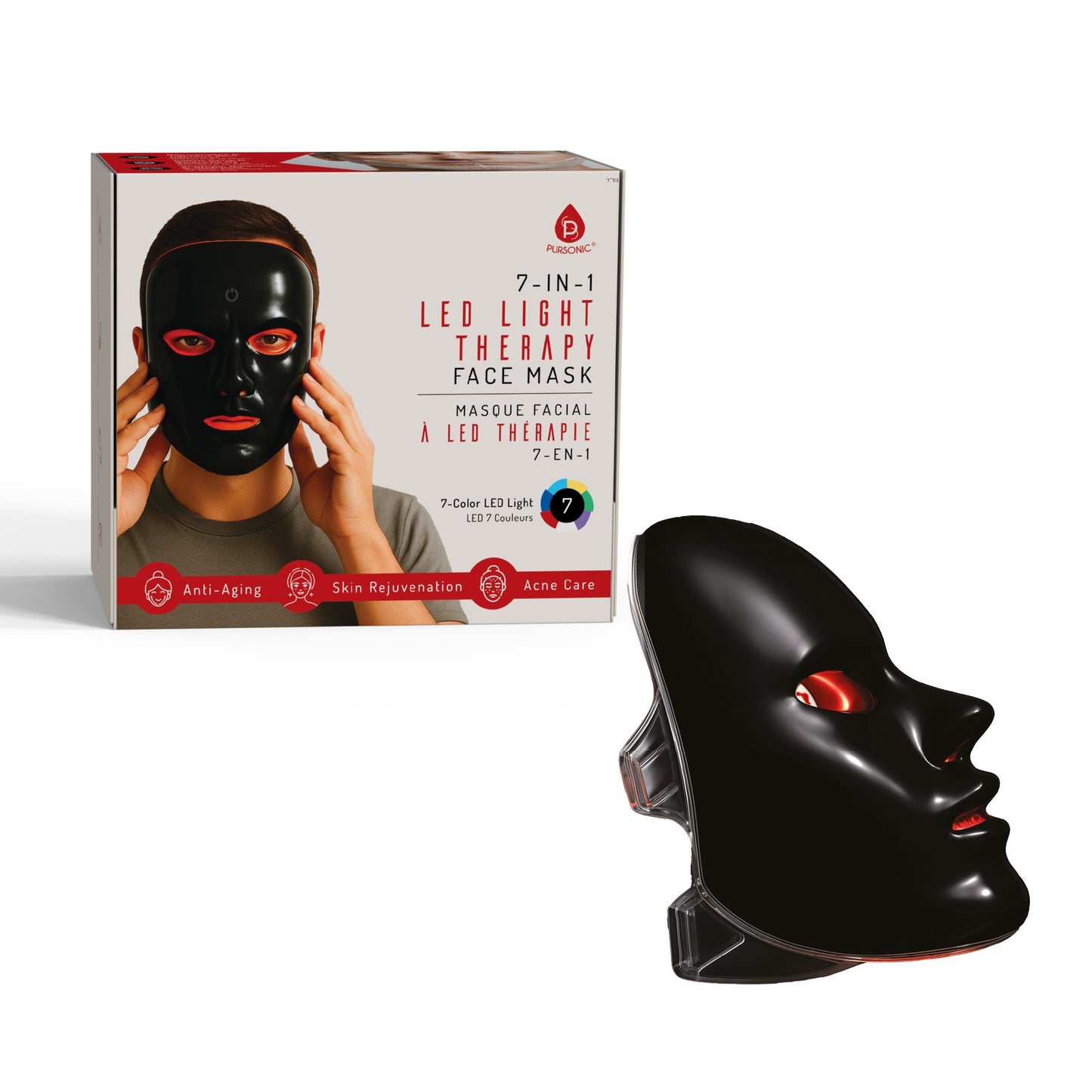Professional black LED face mask with branded box and accessories on a clean white background.