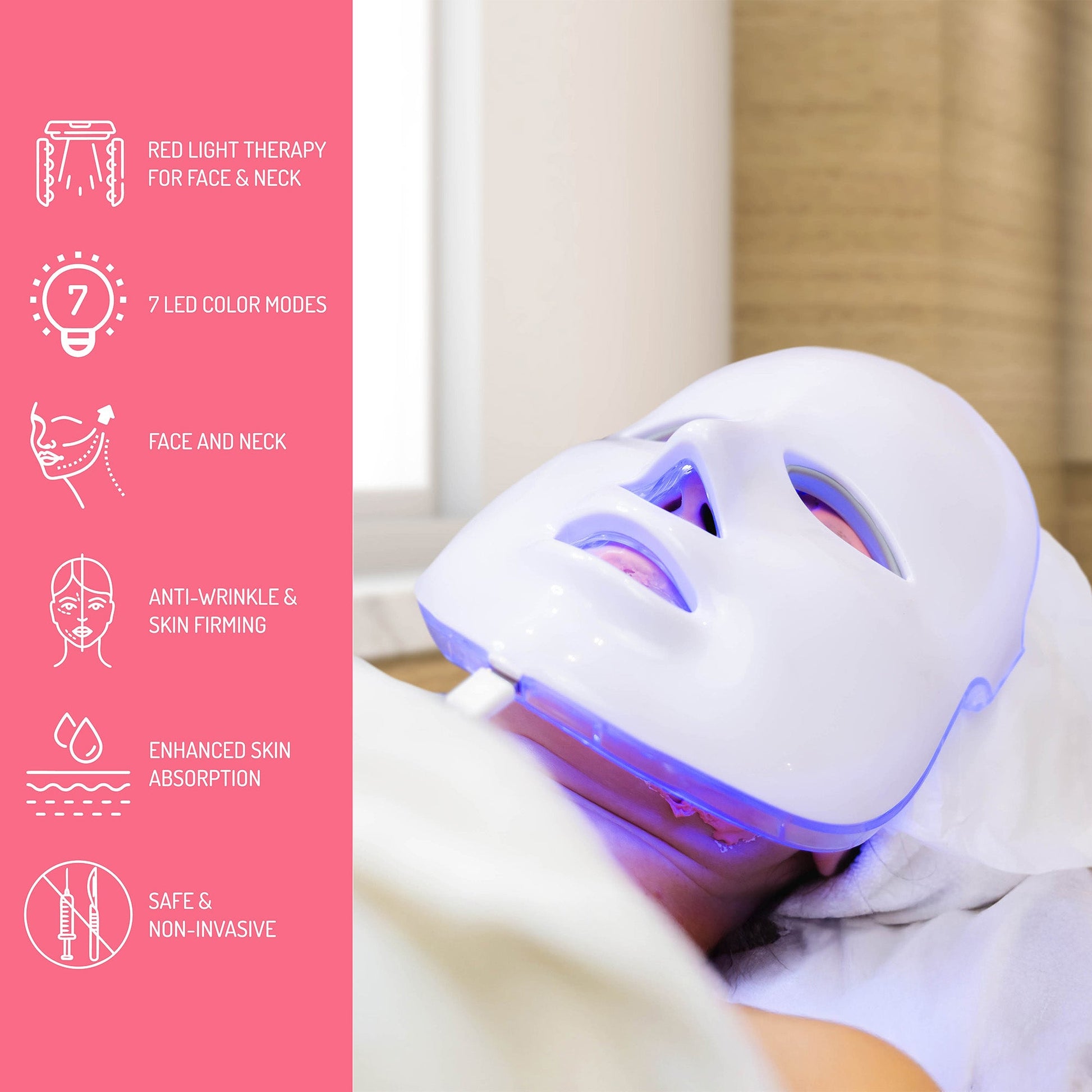 Infographic showing a person wearing an LED mask with text detailing red light therapy benefits and skincare features.