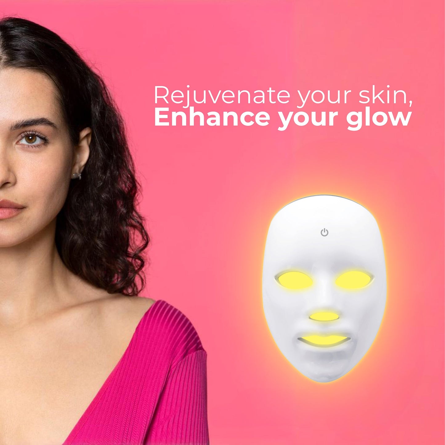 Lifestyle graphic of a woman with a glowing LED mask and text reading 'Rejuvenate your skin, Enhance your glow.'