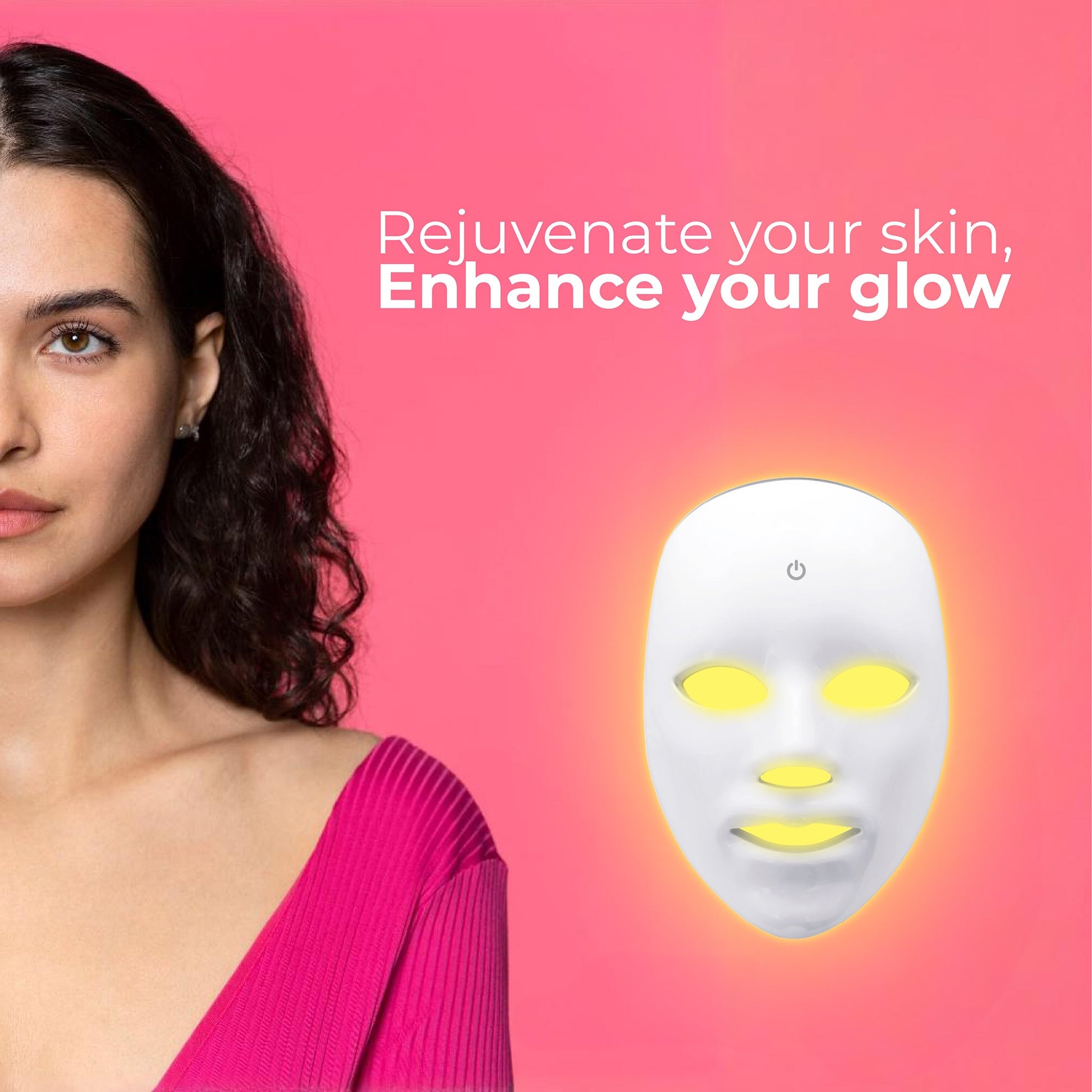 Lifestyle graphic of a woman with a glowing LED mask and text reading 'Rejuvenate your skin, Enhance your glow.'
