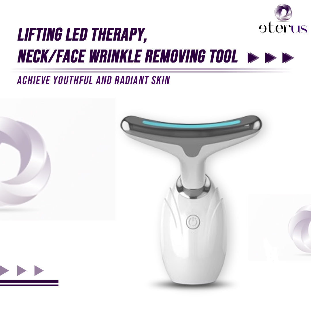 Handheld LED neck and face lifting therapy device for skin tightening and anti-aging massage.
Neck and face wrinkle removing tool with LED therapy on a white background, featuring the brand 'eterus'.