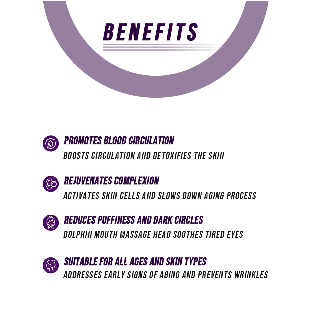 Handheld LED neck and face lifting therapy device for skin tightening and anti-aging massage, with a List of benefits on a white background with purple text and icons.