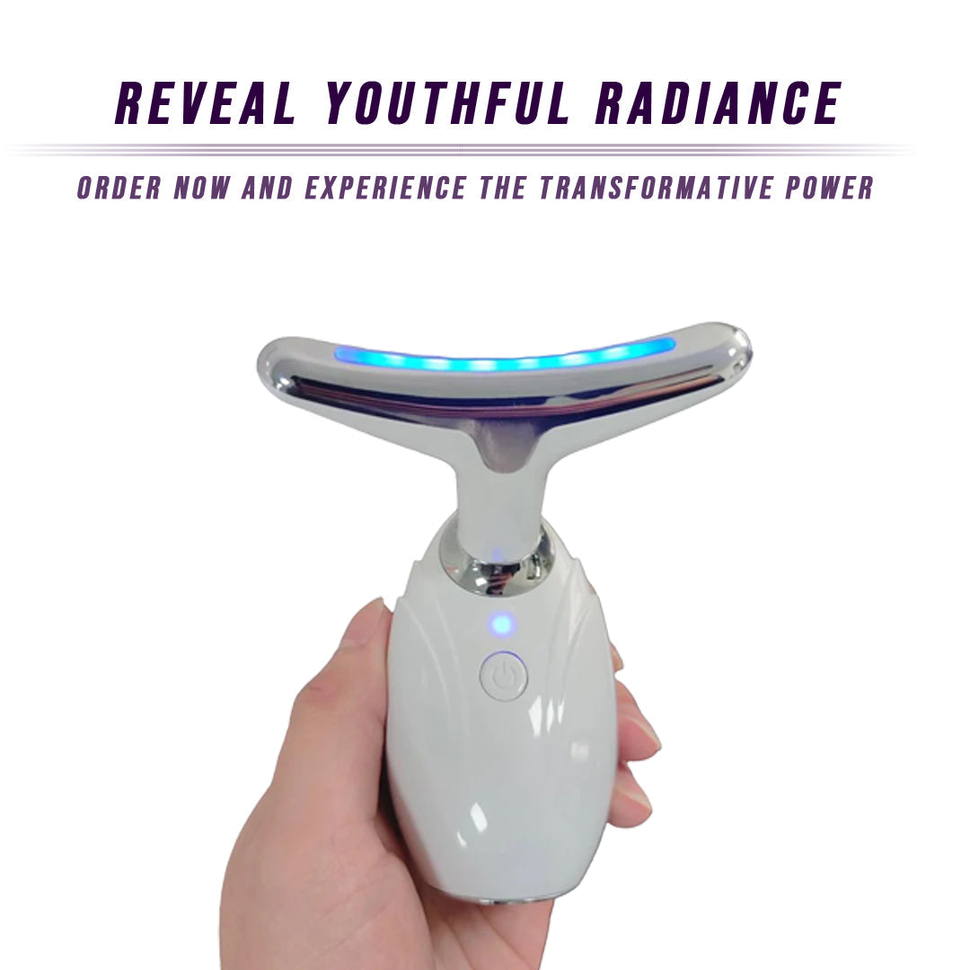 Hand holding a white facial device with blue lights on a white background, promoting youthful radiance.