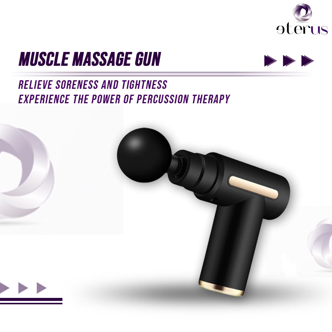 Black muscle massage gun with text saying relieve soreness and tightness experience the power of precision therapy, on a white background