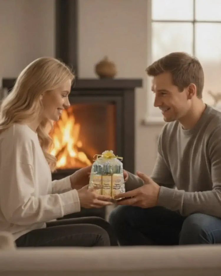 "A couple sharing a cozy moment by the fireplace, featuring the MaisonMojo Organic Shimmer Body Lotion travel gift set."