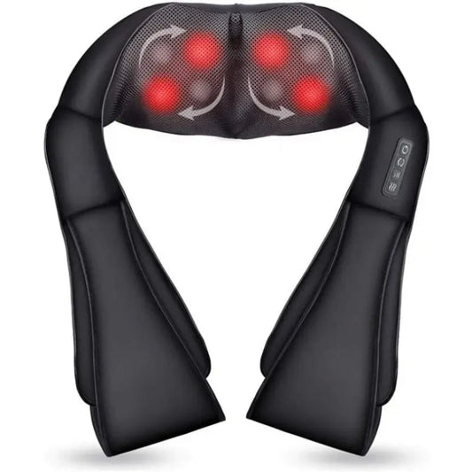 Black neck and shoulder massager with red lights on a white background