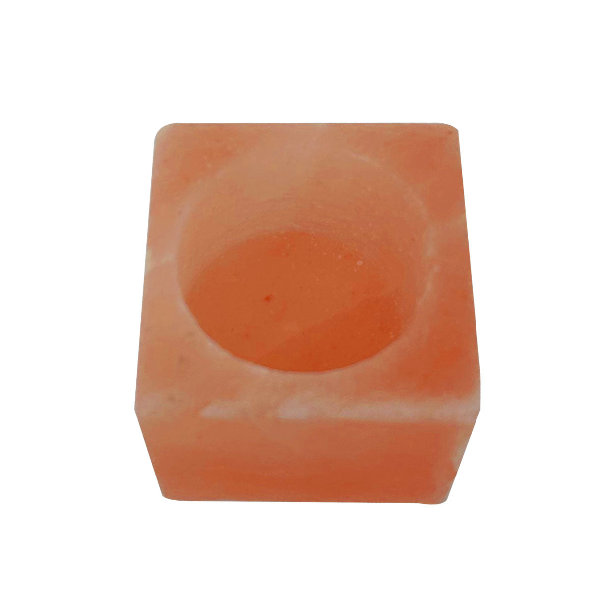 "Hand-carved square Himalayan pink salt tea light holder with a modern geometric shape on a white background."