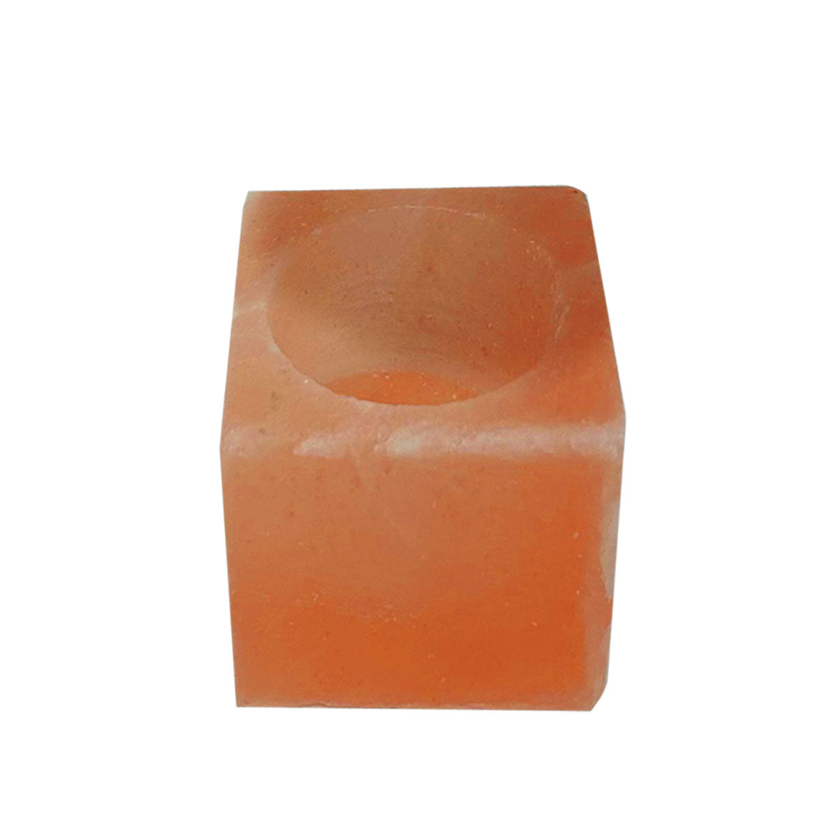 "Hand-carved square Himalayan pink salt tea light holder with a modern geometric shape on a white background."