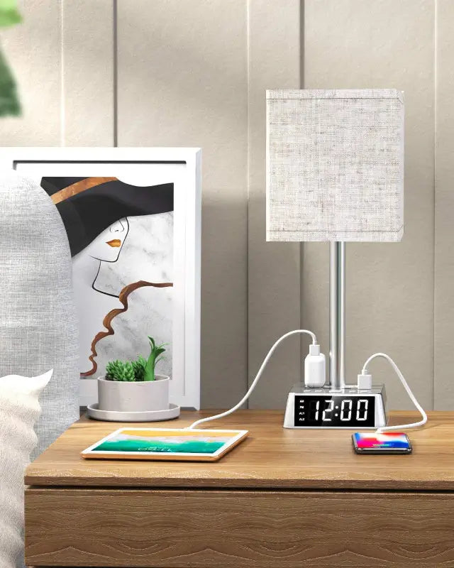 Modern Bedside Table Lamp with USB Charging Ports and Alarm Clock