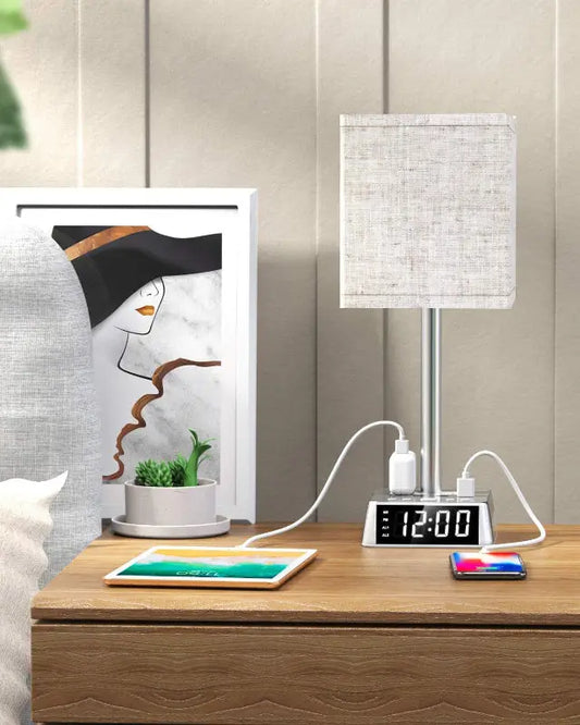 Modern Bedside Table Lamp with USB Charging Ports and Alarm Clock