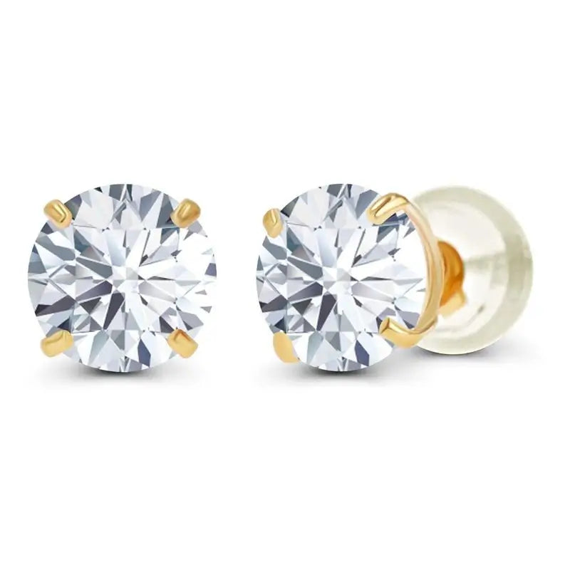 1.50 ctw AGI Certified lab diamond studs in solid 14K yellow gold four-prong basket settings.