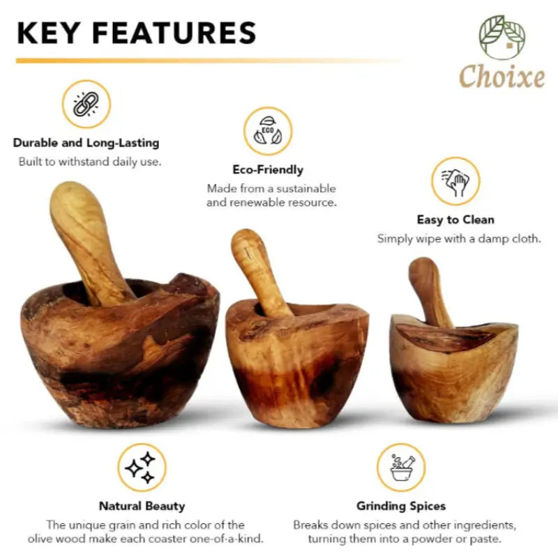 Close-up of Natural Olive Wood Grain on Artisan Mortar and Pestle key features card