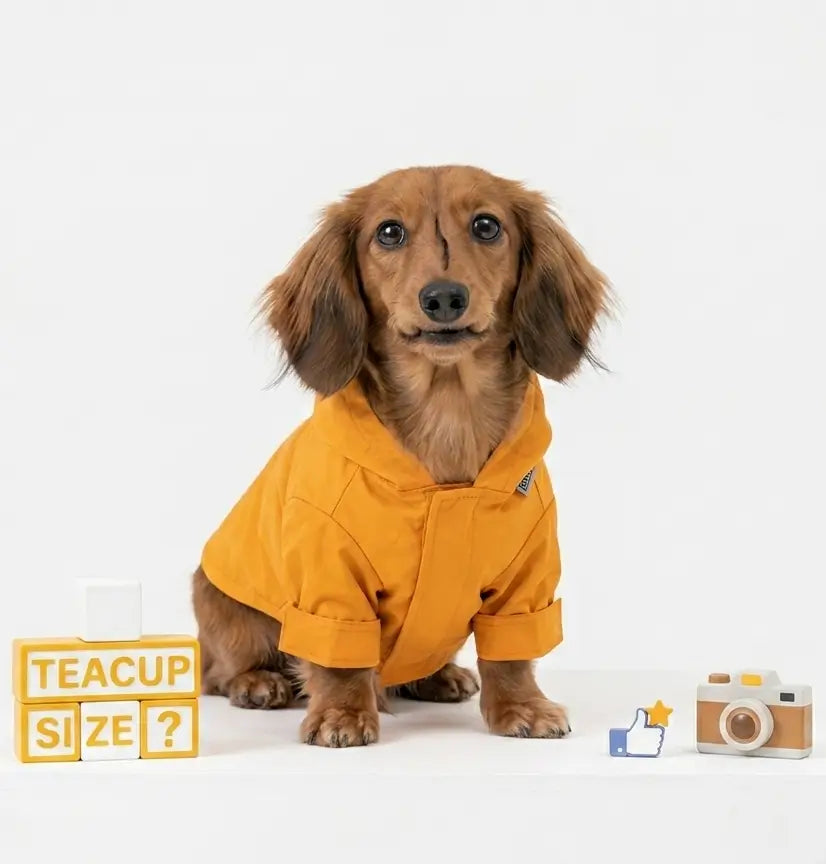 Extra small Maison Mojo yellow dog raincoat on a Miniature Dachshund; shown seated on a white plinth with miniature toy blocks reading and social media icons.