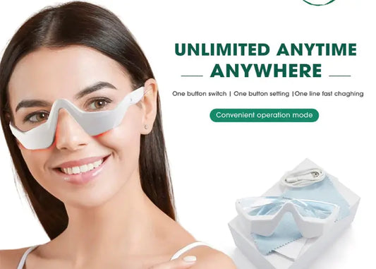 Woman wearing a white eye mask with product packaging on a white background