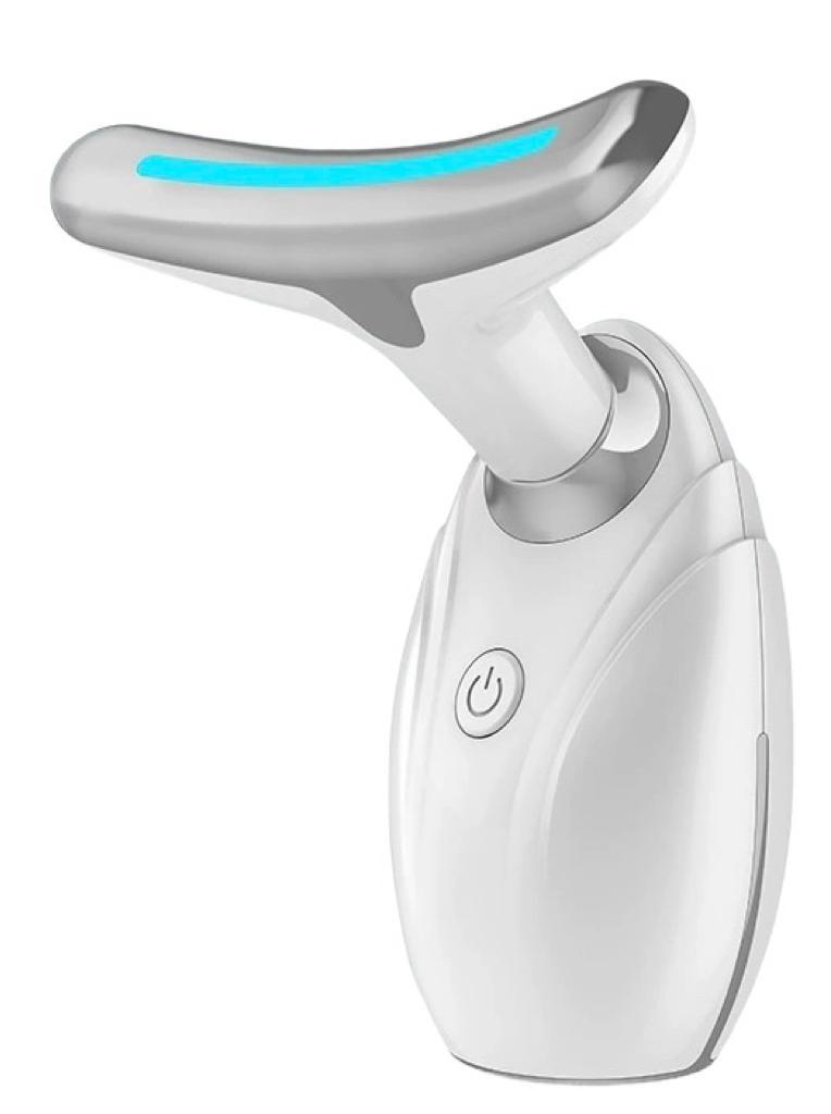 Handheld LED neck and face lifting therapy device for skin tightening and anti-aging massage. with a blue light on a white background