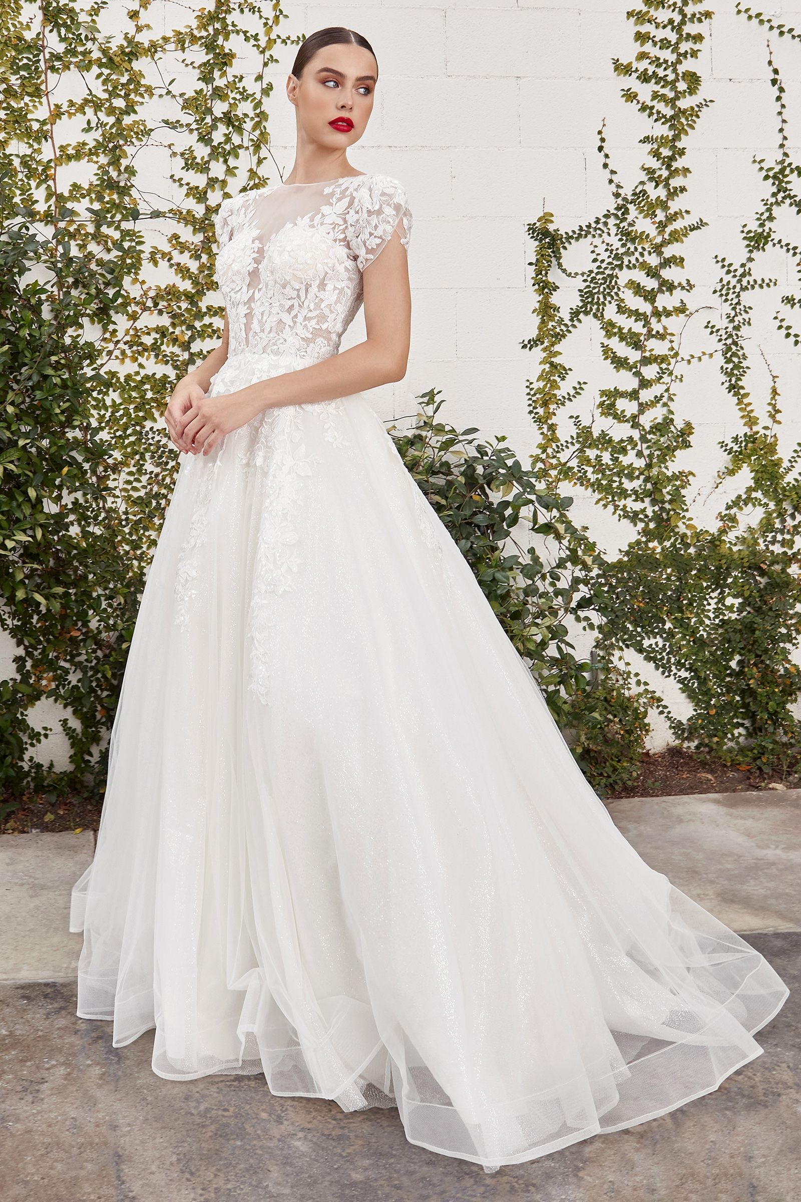 Woman wearing a white wedding dress with lace details against a natural background