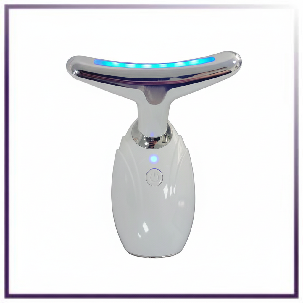 Handheld LED neck and face lifting therapy device for skin tightening and anti-aging massage. with blue LED lights on a white background