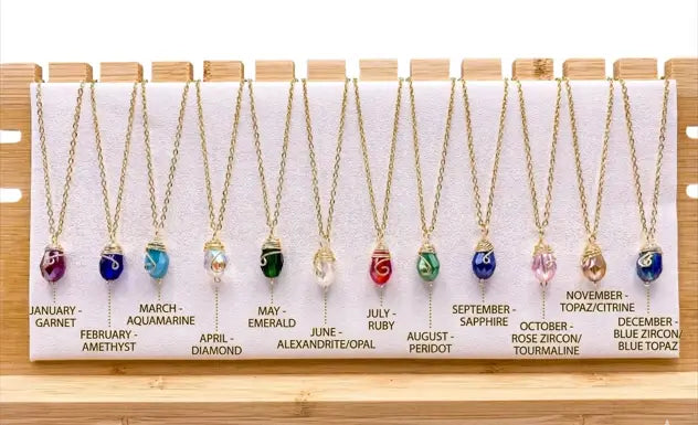 "A curated guide to gold birthstone necklaces with faceted gemstone pendants on a Maison Mojo display card."