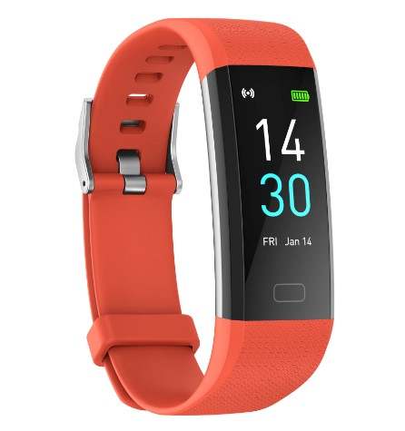 Orange fitness tracker with a digital display on a white background