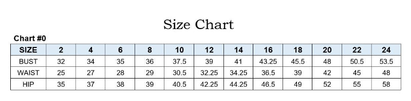 Size chart for clothing with measurements in inches