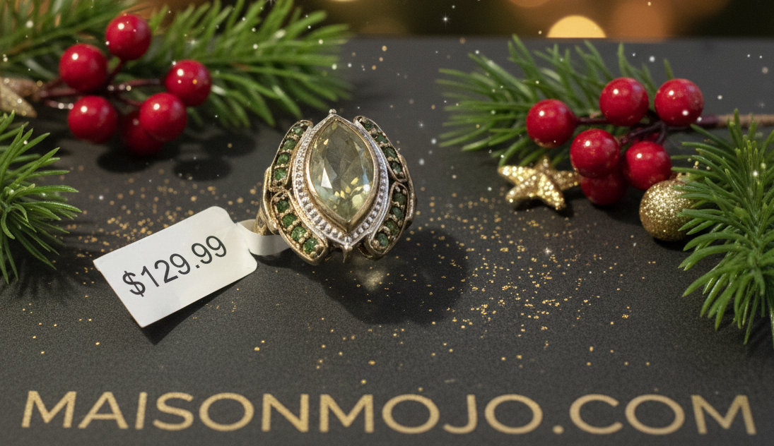 Chrome diopside ring with Christmas glam and $129.99 price tag