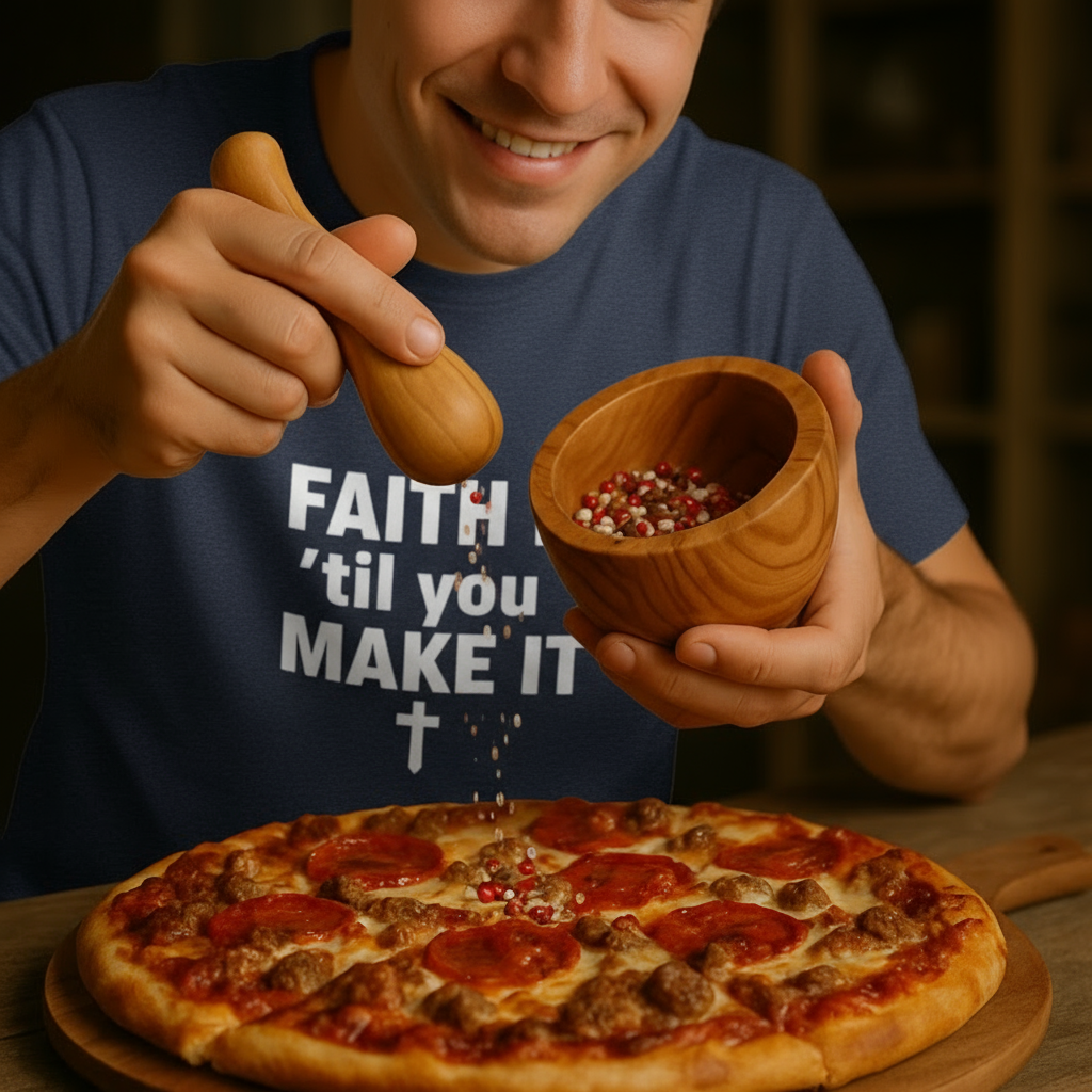 Person seasoning a pizza with a wooden grinder and bowl of spices, wearing a shirt with text.