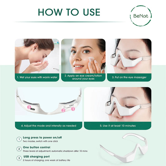 Instructions on how to use an eye massager with a clear background