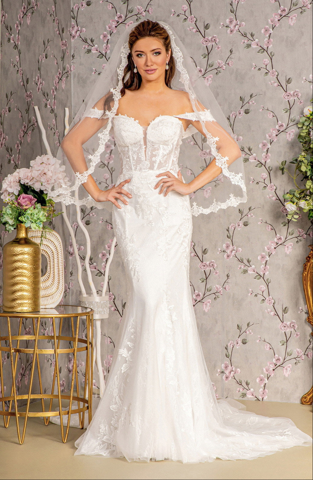 Glitter Off Shoulder Sheer Bodice Mesh Mermaid Wedding Gown