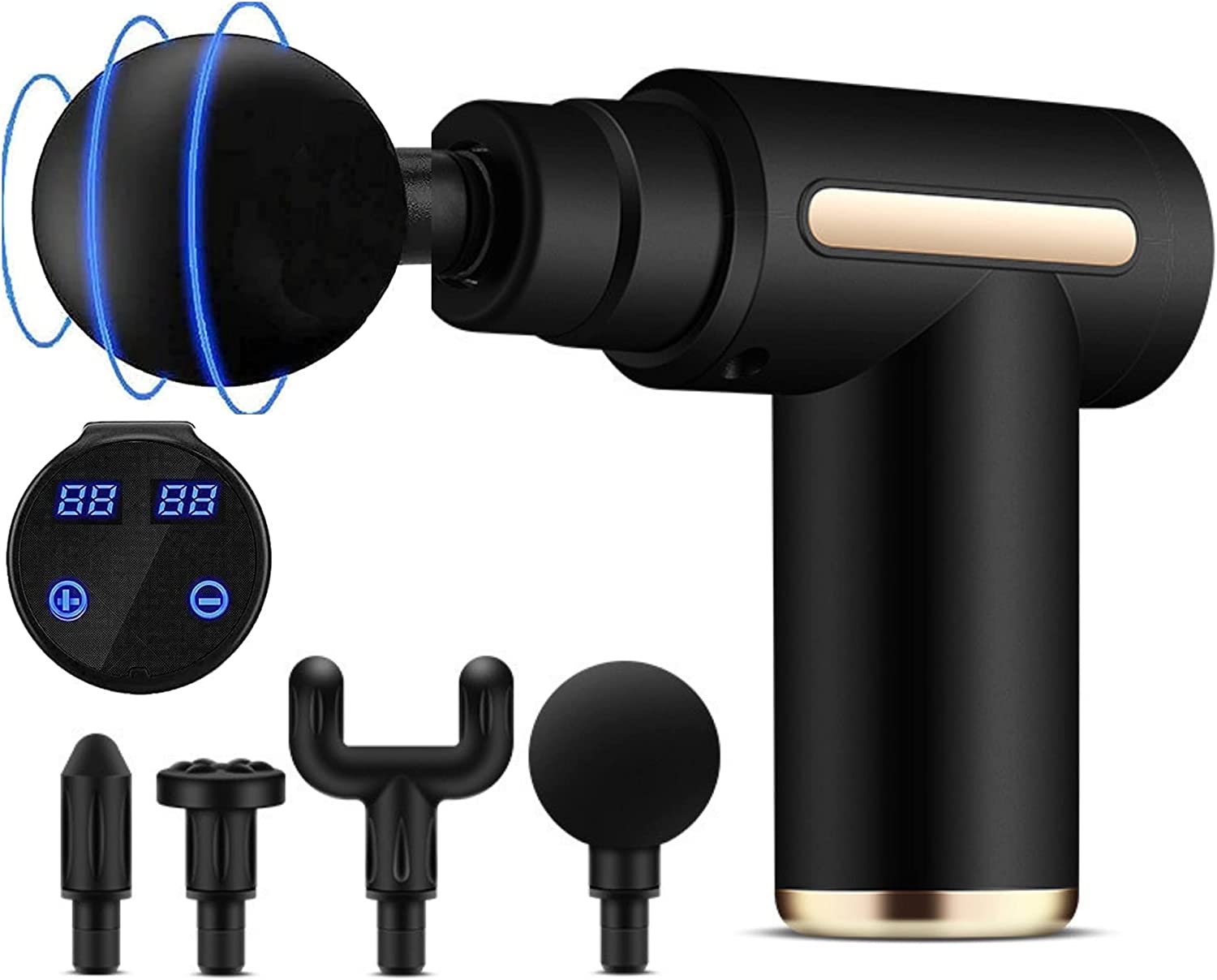 Black massage gun with digital readout and attachments on a white background