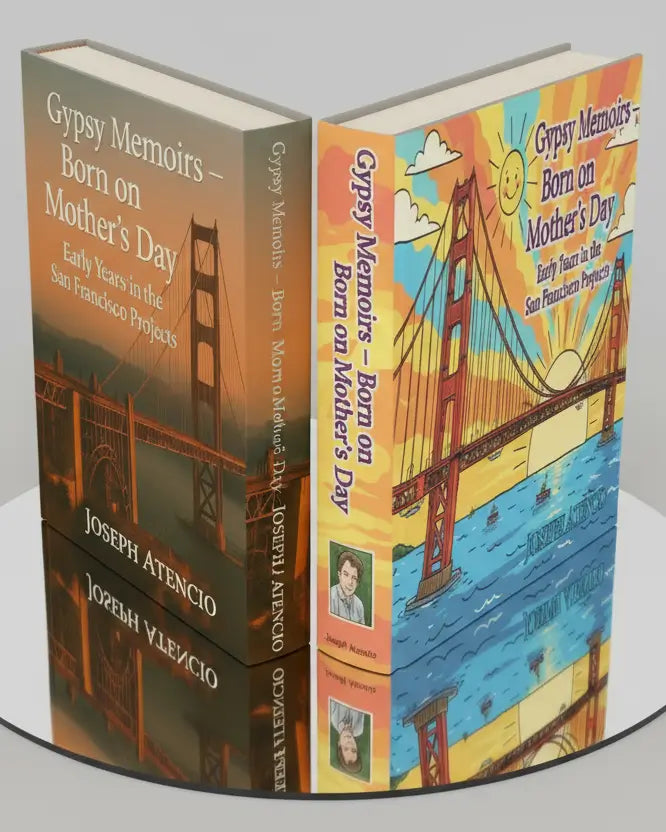 Book titled 'Gypsy Memoirs - Born on Mother's Day' with a colorful cover featuring a bridge.