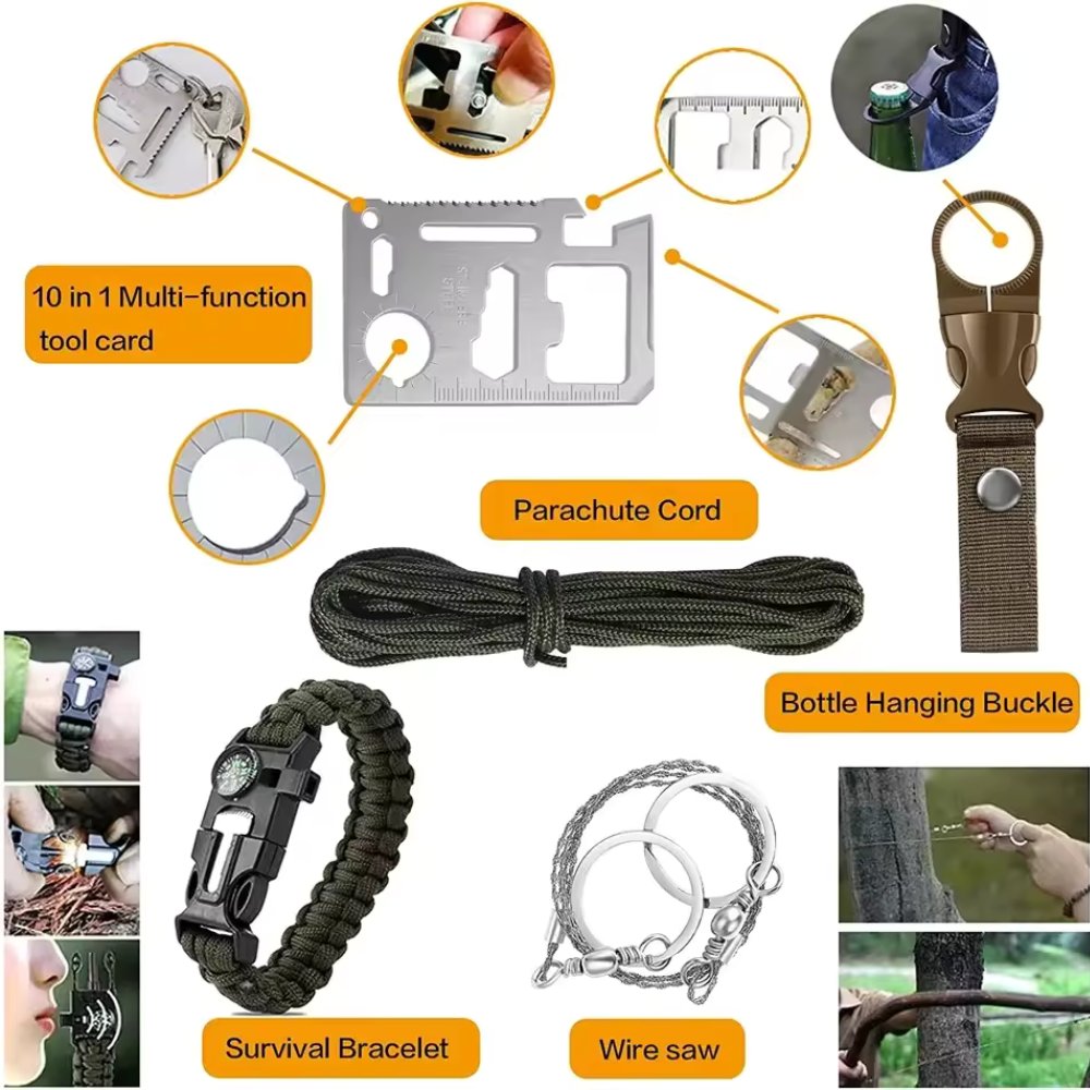 "Complete 31-piece survival gear collection featuring a multi-function tool card, heavy-duty parachute cord, and bottle hanging buckle on a clean white background."