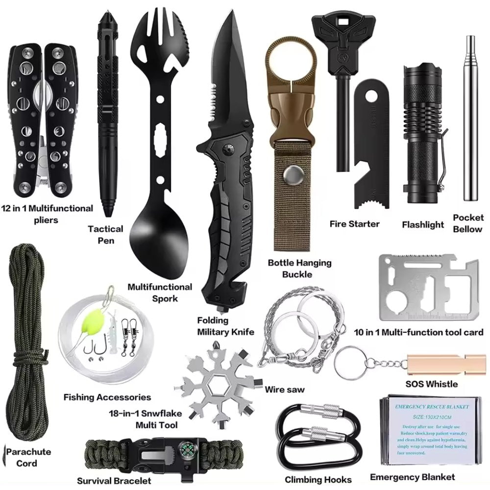 "Tactical survival gear set featuring a folding military survival knife, high-lumen LED flashlight, and multifunctional pliers for emergency preparedness."