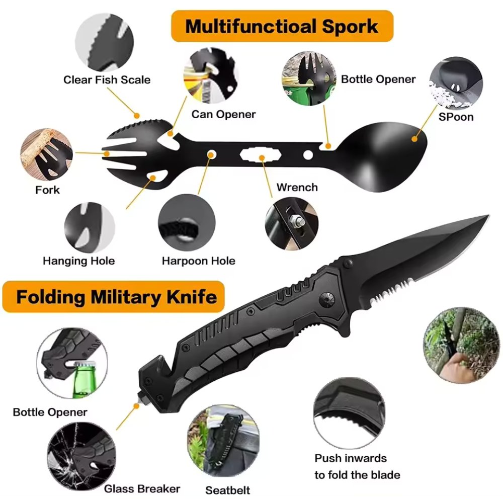"Outdoor dining and utility tools featuring a multifunctional survival spork and a precision folding military knife with integrated survival features."