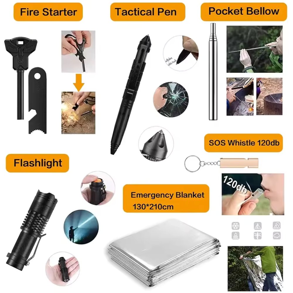 "Emergency survival essentials including a magnesium fire starter, tactical glass-breaker pen, pocket bellow, LED flashlight, and thermal emergency blanket."