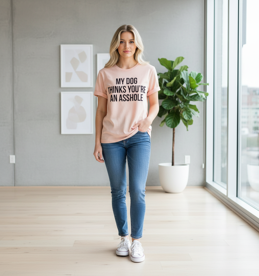 Model wearing jeans and t-shirt