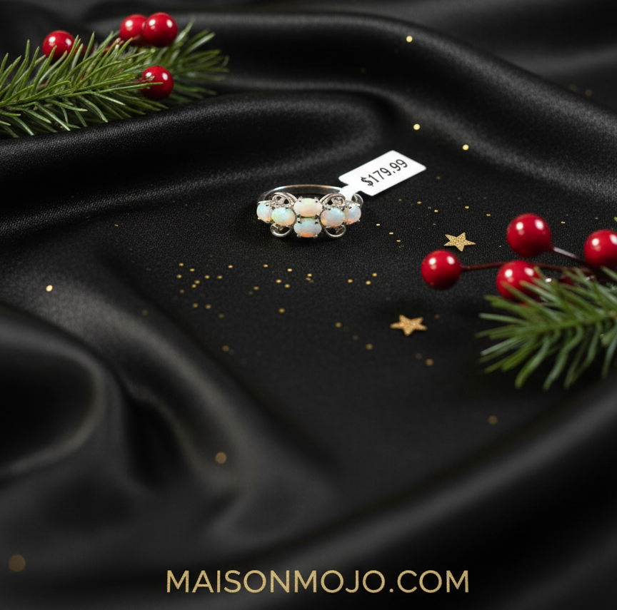Opal ring on clean black velvet backdrop with Christmas glam and $179.99 price tag