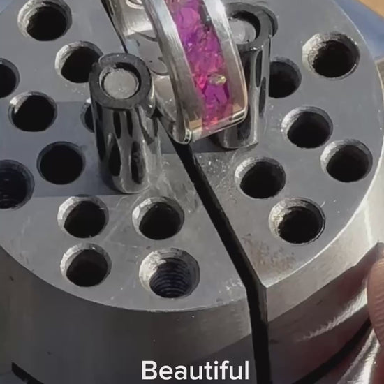 Beautiful pink Opal inlay ring in a ball vice video
