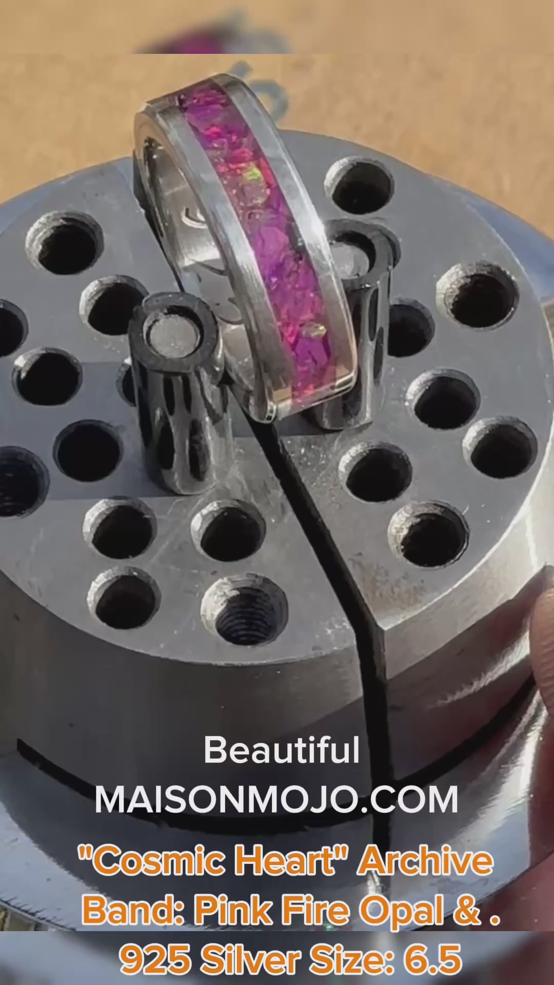 Beautiful pink Opal inlay ring in a ball vice video