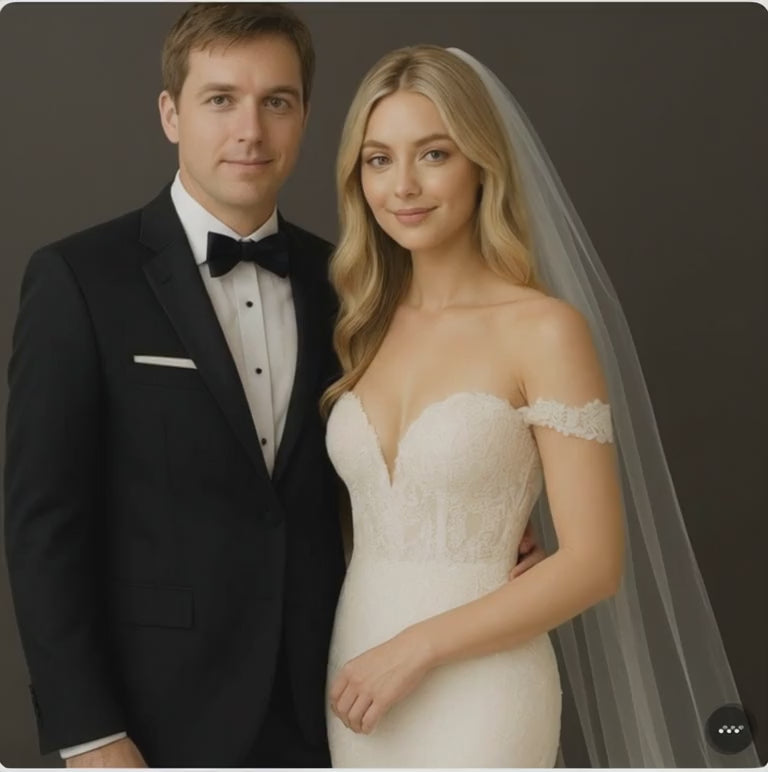 Load video: “It’s a little too late to start saying no now…” because when love, laughter, and the perfect dress come together                    &quot;Flash Sale ends Oct 17th! Save 10% with code FLASHSALE25 - only 6 dresses remaining&quot;                                                          https://maisonmojo.com/products/glitter-off-shoulder-sheer-bodice-mesh-mermaid-wedding-gown